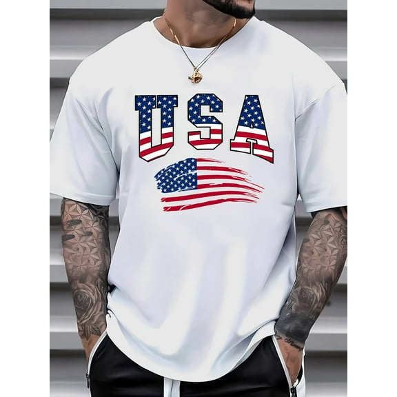 USA Letter American Flag Print Tee Shirt, Tees For Men, Casual Short Sleeve T-shirt For Summer