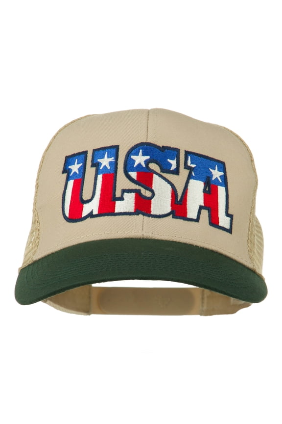 USA Letters Embroidered Mesh Cap - Dark Green Khaki OSFM