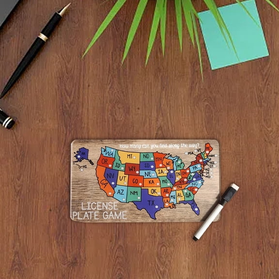 USA License Plate Game Board Dry Erase Travel Activity with Marker for Road Trips Interactive Geography Game 5.9x3.9x0.12 Inch