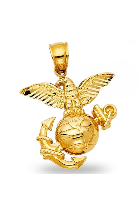 USA Logo Pendant Solid 14k Yellow Gold Marines Emblem Charm Eagle Anchor USA Polished 19 x 20 mm
