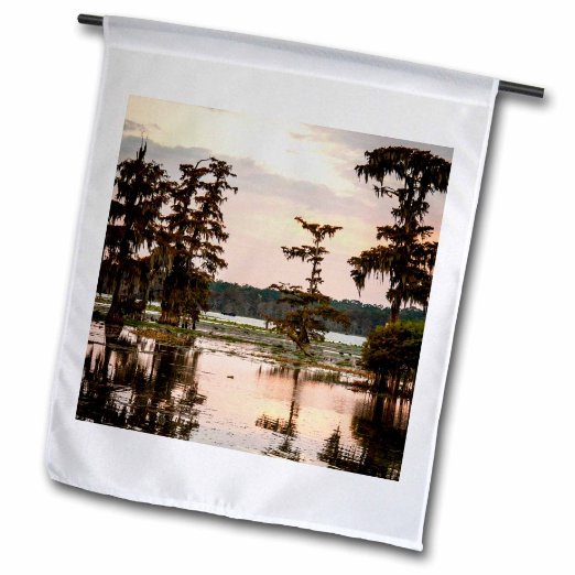 3dRose, USA, Louisiana, Atchafalaya Basin. Bald cypress, Lake Martin at sunset, 18 x 27 inch Garden Flag