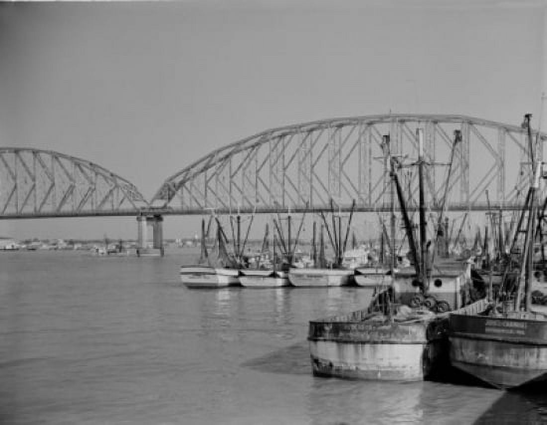 USA Louisiana Morgan City Port with moored boats and bridge in the background Canvas Art -  (24 x 36)