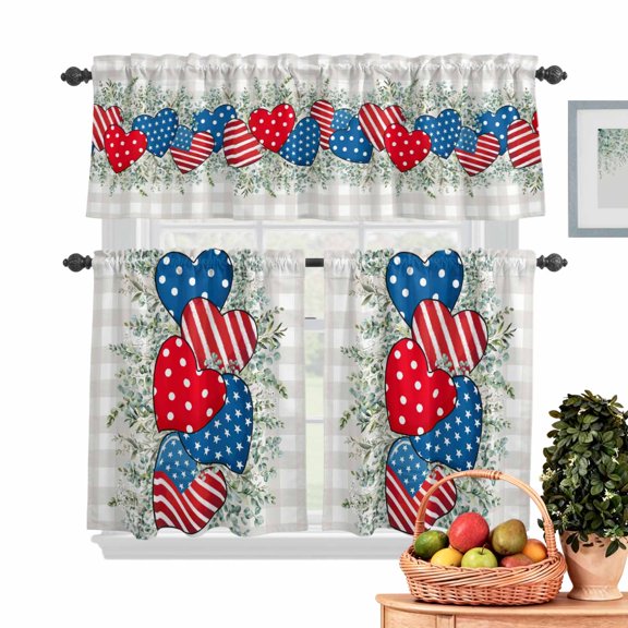 USA Love Kitchen Curtains Valances 3 Piece Set, Eucalyptus Leaf Green Plaid Texture Rod Pocket Tier Curtain and Valance Drapes for Small Window 24 Inch Length for Bedroom Cafe