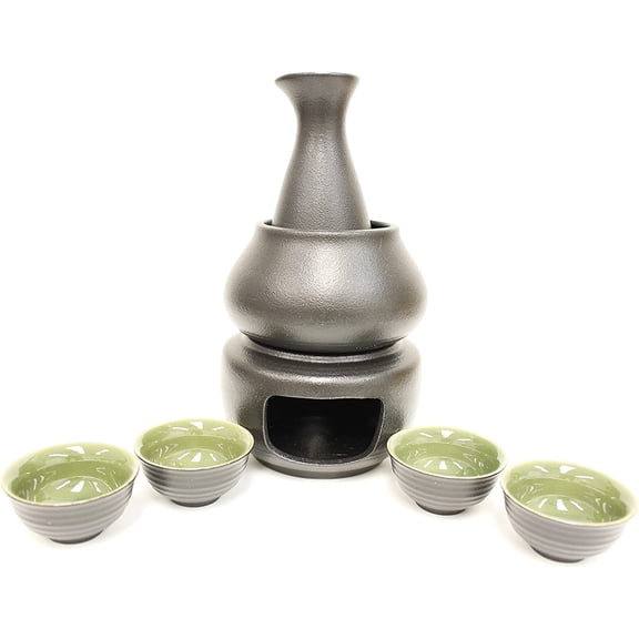 USA MJ TABLE Traditional Japanese Style Sake Set with Warmer This Pottery Sake Set Come Set Includeing 1pc Candle Stove, 1pc Warming Mug,1pc Sake Pot and 4Pcs Sake Bowls Light Green & Dark Black