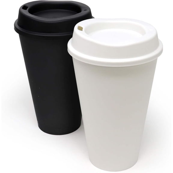 USA Made 16 Oz Reusable Coffee Cups with Lids 2 Pk, to Go Travel Cups, Hot or Cold Drinks, Dishwasher and Microwave Safe, Black and White