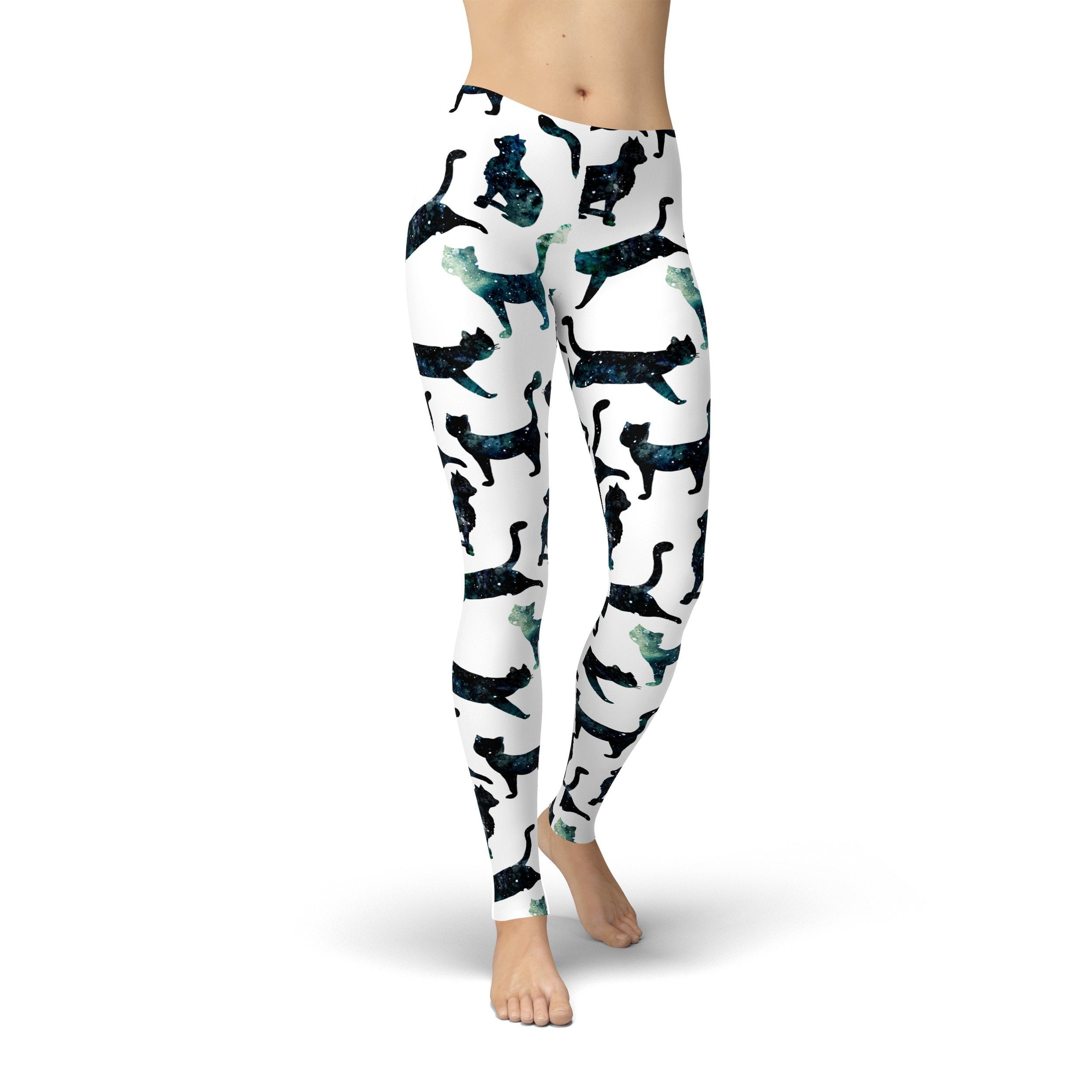 USA Made Aesthete Black Space Cats Leggings Women, Nylon, Spandex