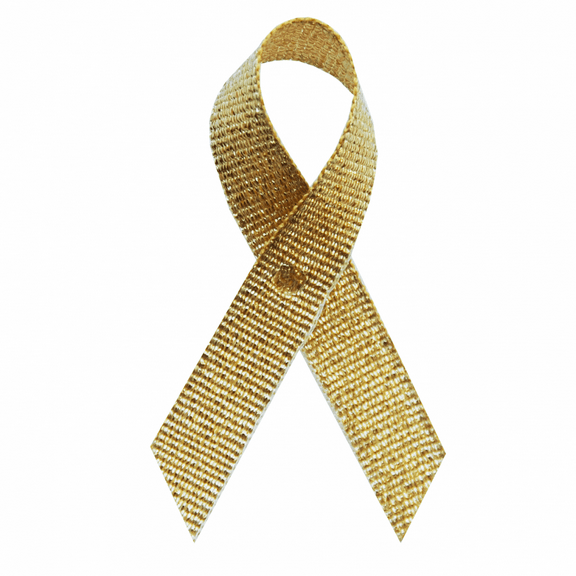 USA Made Gold Tinsel Fabric Awareness Ribbons - Bag of 125 Fabric Ribbons w/ Clutch Pins (Many Colors Available) (Pin Already Attached)