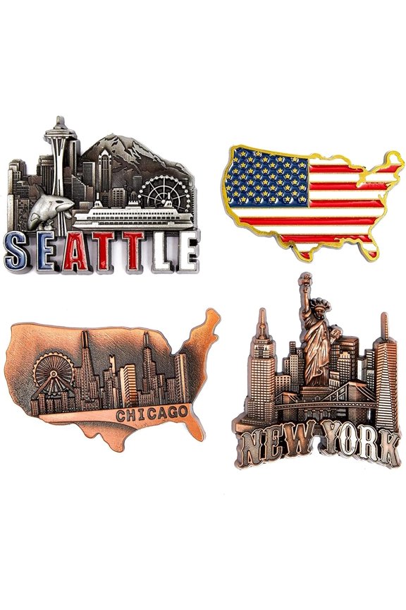 USA Magnets for Refrigerator 4-Pack - Multi-Color State Designs for Fridge - Chicago Magnet & NYC Souvenir with Seattle & US Flag Icons - Strong Magnetic Backing420