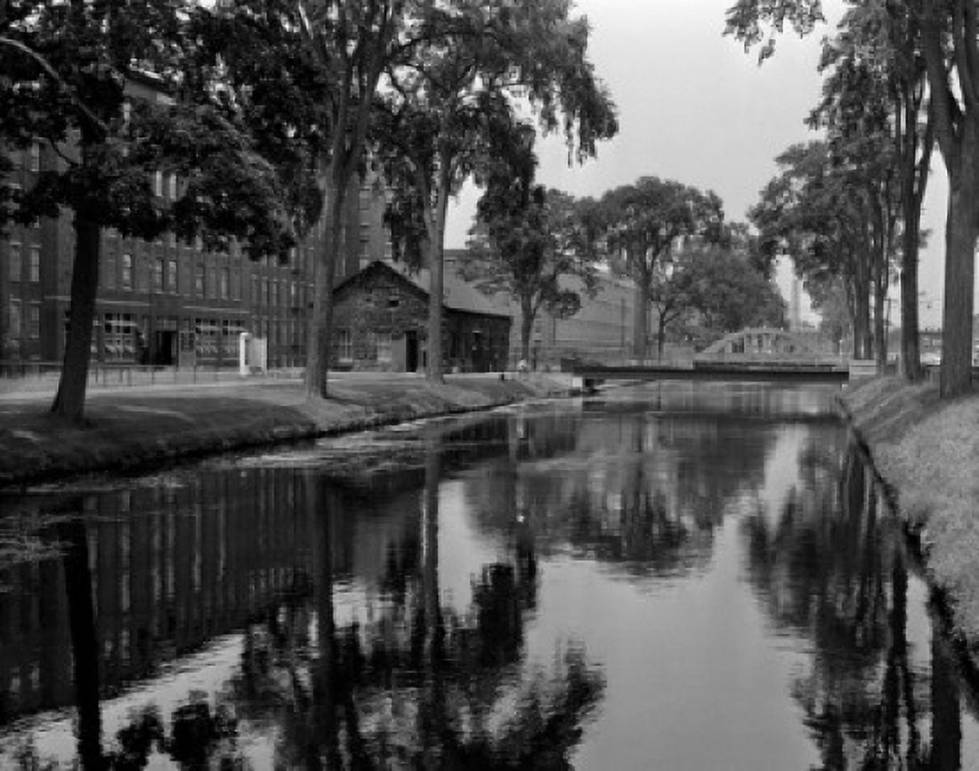 USA Maine Lewiston buildings and trees reflecting in river Canvas Art - (24 x 36)