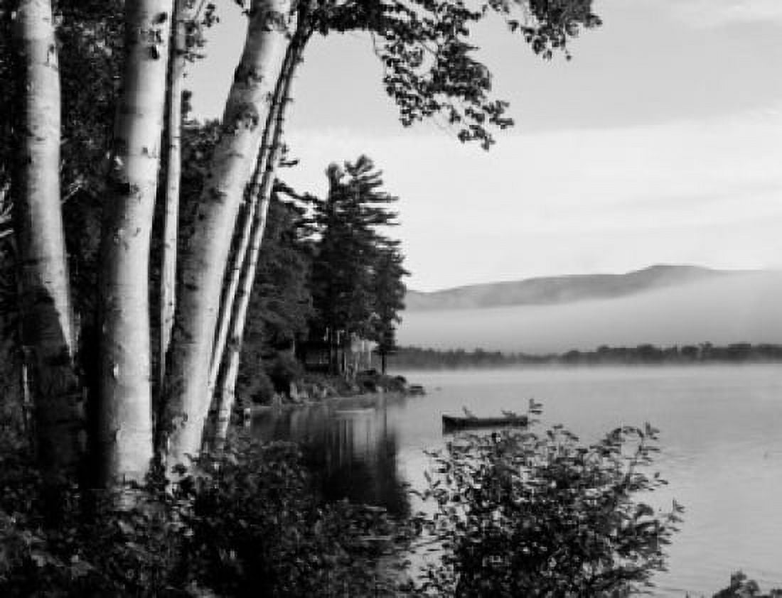 USA Maine Weld Webb Lake birches and cottage with morning mist Canvas Art - (18 x 24)