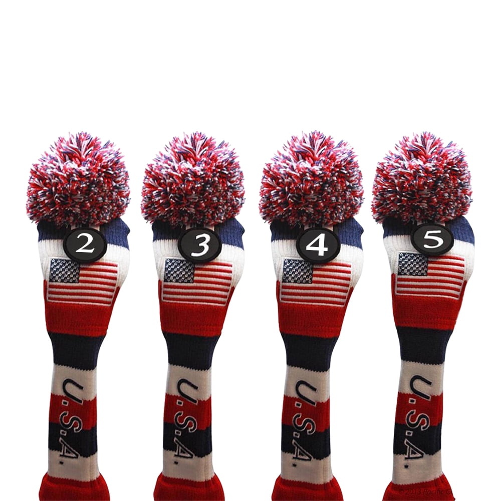 USA Majek Golf 2 3 4 5 Hybrid Set Headcovers Pom Pom Knit Limited Edition Vintage Classic Traditional Flag Stars Red White Blue Stripes Retro Head Cover 2-5 Set