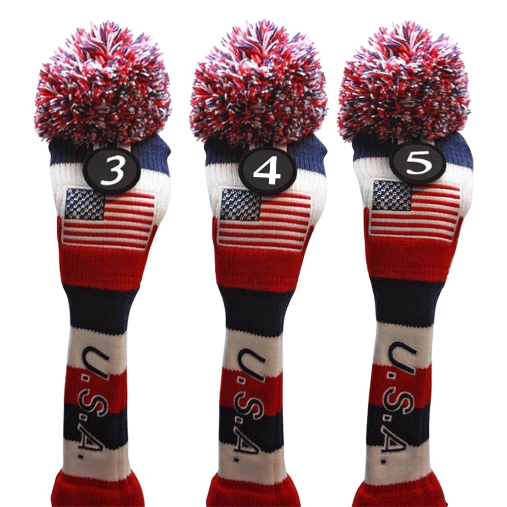 USA Majek Golf 3 4 5 Hybrid Set Headcovers Pom Pom Knit Limited Edition Vintage Classic Traditional Flag Stars Red White Blue Stripes Retro Head Cover 3-5 Set