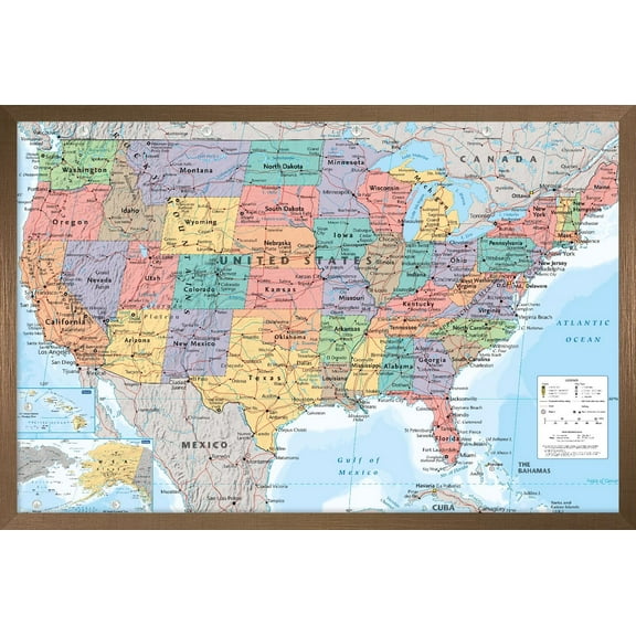USA Map 2023 Wall Poster, 14.725" x 22.375" Framed