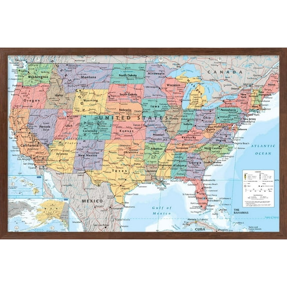 USA Map 2023 Wall Poster, 14.725" x 22.375" Framed