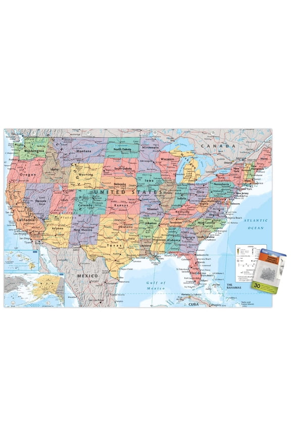 USA Map 2023 Wall Poster with Push Pins, 22.375" x 34"