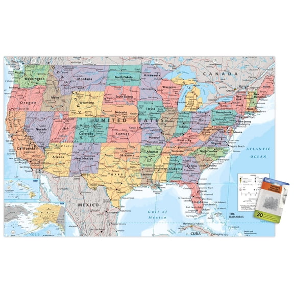 USA Map 2023 Wall Poster with Pushpins, 22.375" x 34"