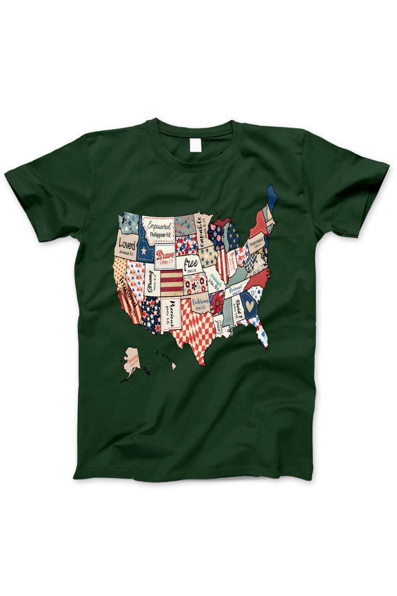 USA Map Christian Patchwork T-Shirt – Bible Verse States Tee with Patriotic Faith Design – 4th of July Shirt for Women, Faith-Based America Map Top, Scripture Tee