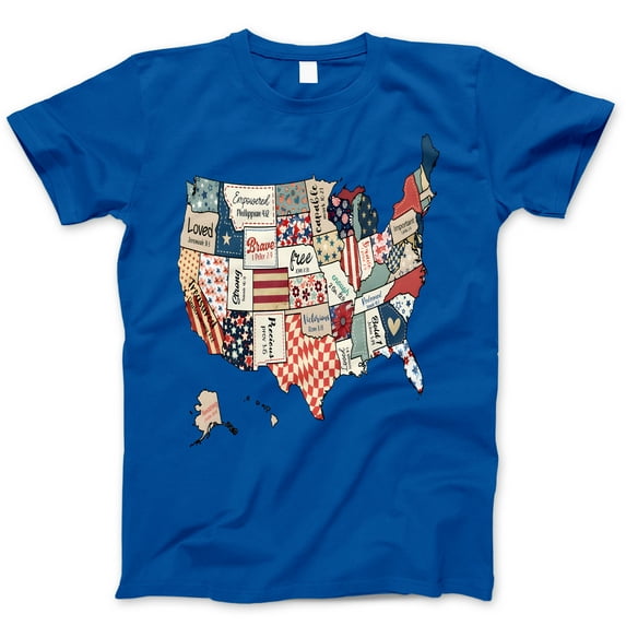 USA Map Christian Patchwork T-Shirt – Bible Verse States Tee with Patriotic Faith Design – 4th of July Shirt for Women, Faith-Based America Map Top, Scripture Tee