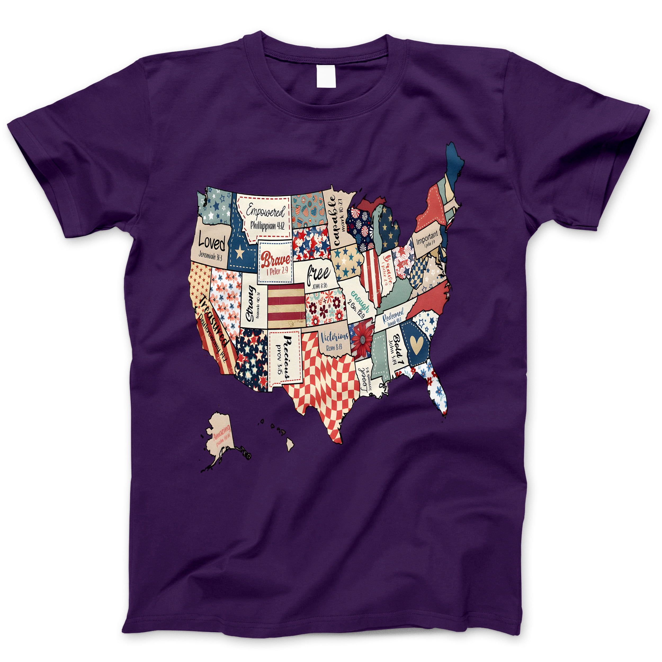 USA Map Christian Patchwork T-Shirt – Bible Verse States Tee with ...