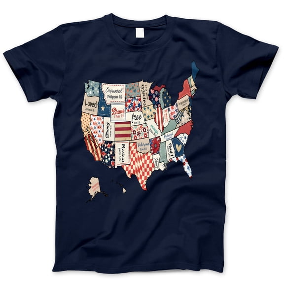 USA Map Christian Patchwork T-Shirt – Bible Verse States Tee with Patriotic Faith Design – 4th of July Shirt for Women, Faith-Based America Map Top, Scripture Tee