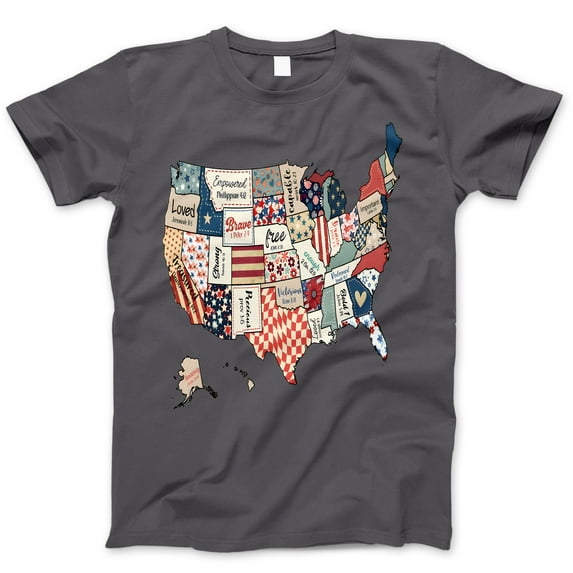 USA Map Christian Patchwork T-Shirt – Bible Verse States Tee with Patriotic Faith Design – 4th of July Shirt for Women, Faith-Based America Map Top, Scripture Tee