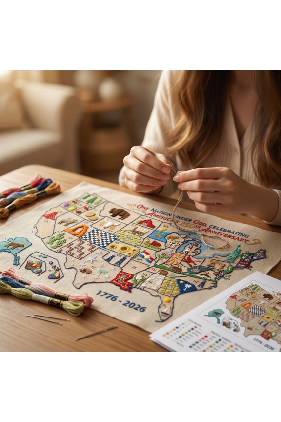 USA Map Cross Stitch DIY Kit - US 250th Anniversary Cross Stitch Kit- Patriotic Embroidery Needlepoint Set,Beginner-Friendly - America Map Wall Art Decor - Commemorative Gift for Crafters