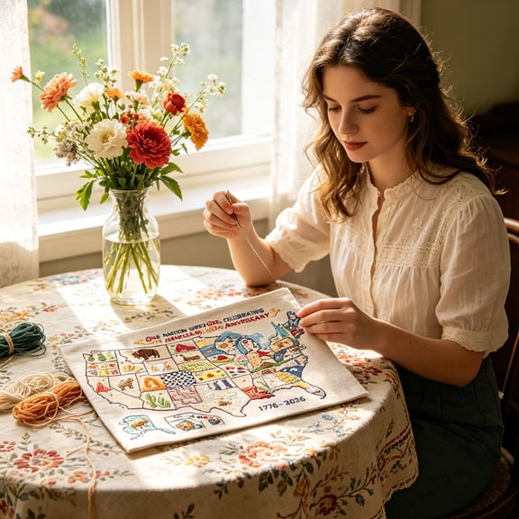 USA Map Cross Stitch Kit, 250th Anniversary of America, Celebrating America 250 Stamped for Beginners
