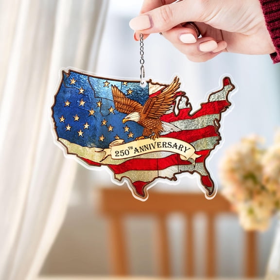 USA Map & Eagle 250th Anniversary Suncatcher - Flat 2D Acrylic American Flag Window Hanging - Patriotic Home Decor