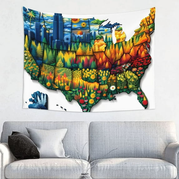 USA Map Floral States Tapestry, Wall Tapestry Tapestry Wall Hanging, Tapestry Aesthetics for Bedroom Living Room College Dorm Decor, One Piece Tapestry(29" x 37")