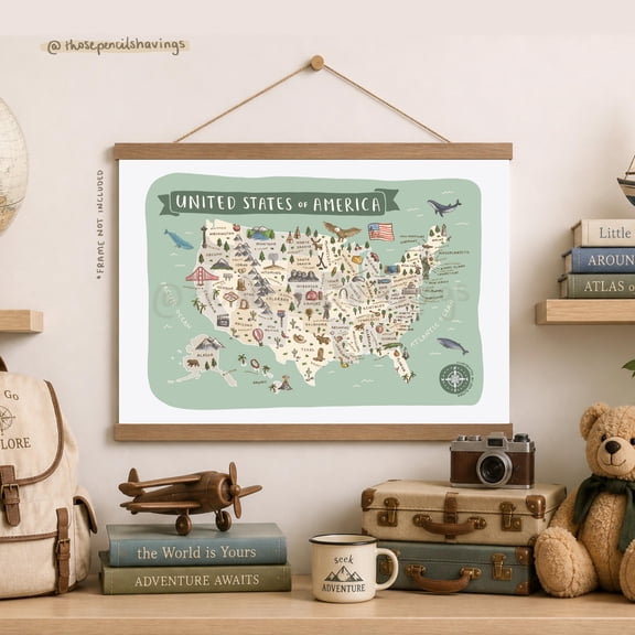 USA Map Print , Illustrated Landmarks & Animals, Travel Gift , Poster Print Only