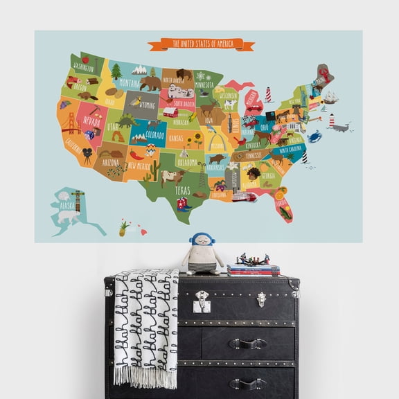 USA Map Vinyl Wall Sticker - Medium 52.5-Inch w x 34-Inch h