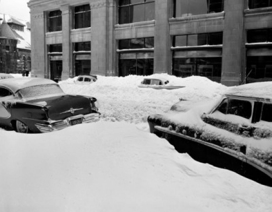 USA Massachusetts Boston Arlington Street with cars covered with snow Canvas Art - (18 x 24)