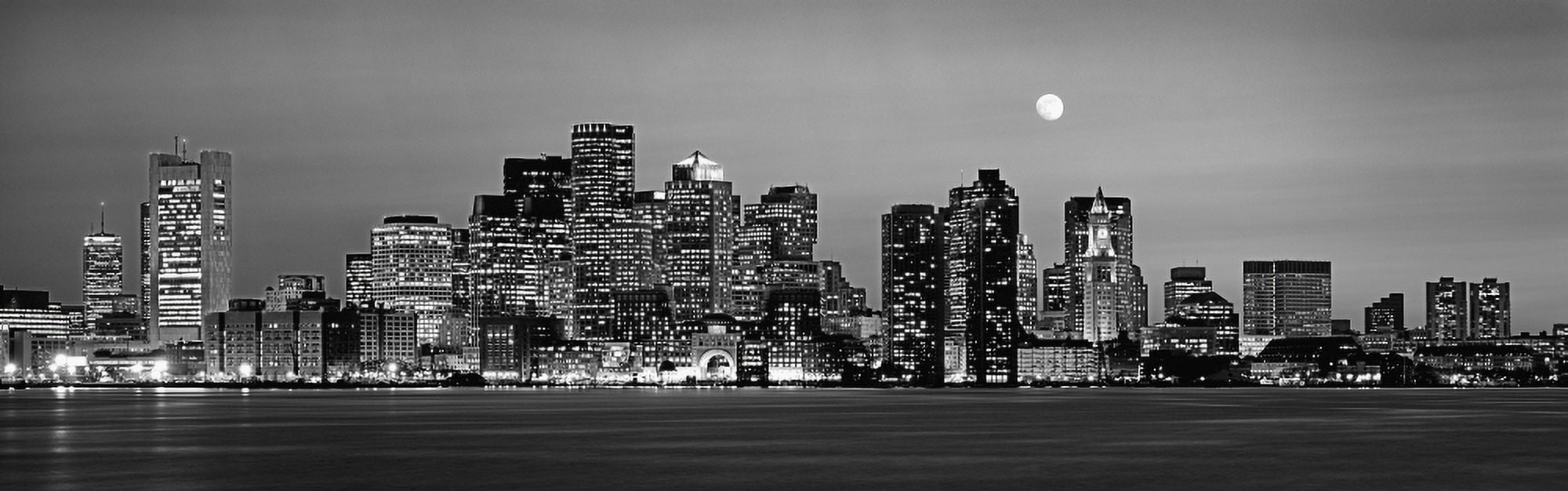 USA Massachusetts Boston Panoramic view of a city skyline at night (Black And White) Canvas Art - Panoramic Images (27 x 9)