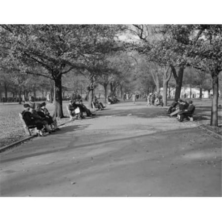 USA Massachusetts Boston People Sitting on Benches & Walking in Park Poster Print - 18 x 24 in.