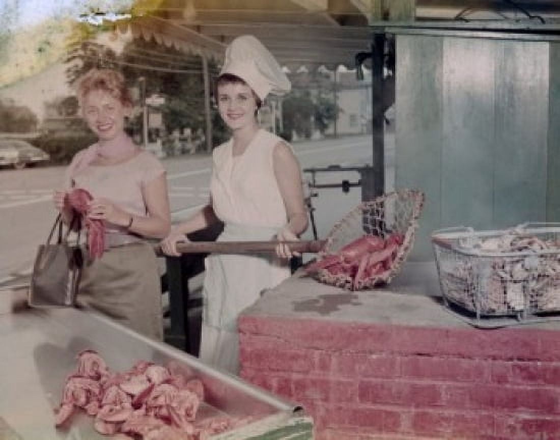 USA Massachusetts Essex Woodmans Lobster Pool women at seafood stall Canvas Art - (18 x 24)