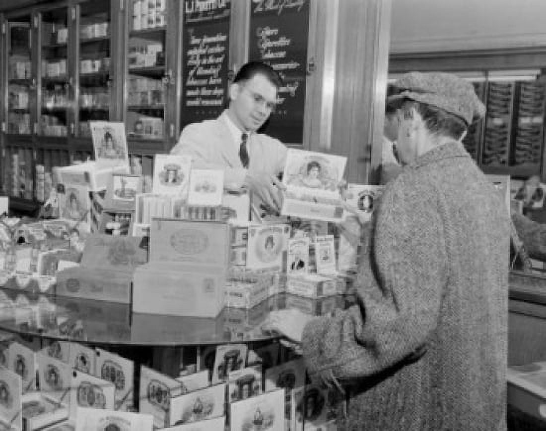 USA Massachusetts Man selling tobacco products to customer in shop Canvas Art - (24 x 36)