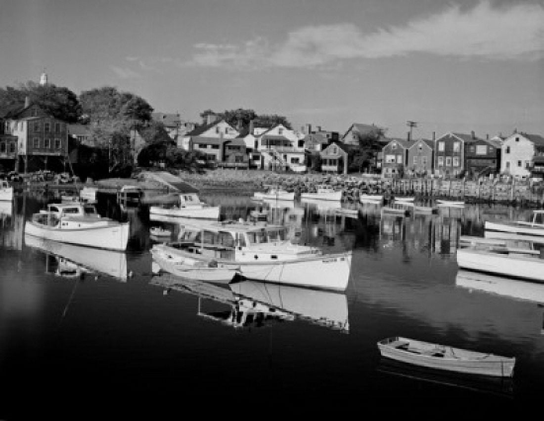 USA Massachusetts Rockport boats moored in harbor with houses along shoreline Canvas Art - (24 x 36)