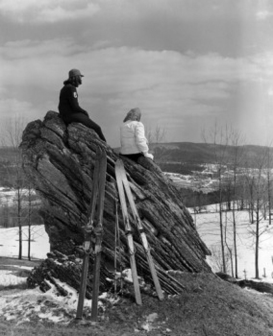USA Massachusetts Tyringam two women sitting on rock and looking at view Canvas Art - (24 x 36)