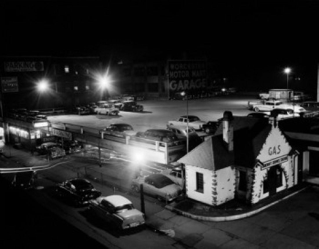 USA Massachusetts Worcester Night view of gasoline station and double decker parking lot Canvas Art -  (24 x 36)