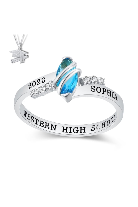 USA Mementos Custom Women's Class Ring Sterling Silver for High School & College Graduates-Moonlight