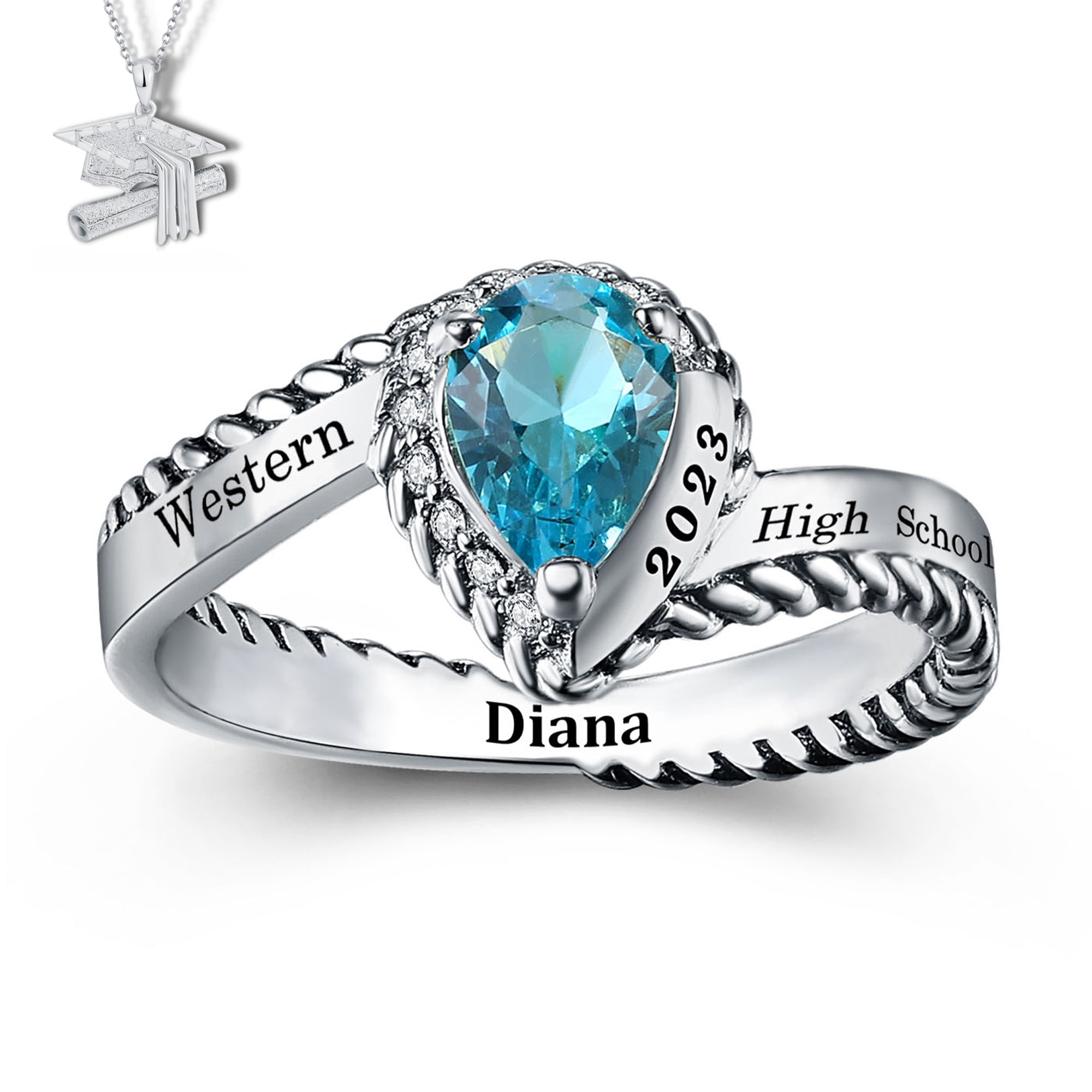 USA Mementos Custom Women's Class Ring Sterling Silver for High School ...