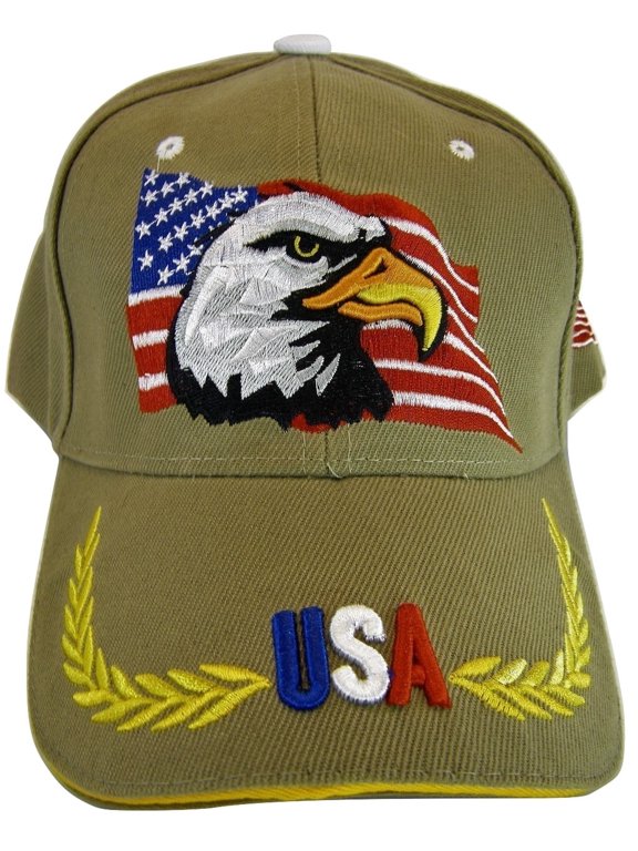 USA Men's Patriotic Eagle Adjustable Baseball Cap (Side Flag Khaki)