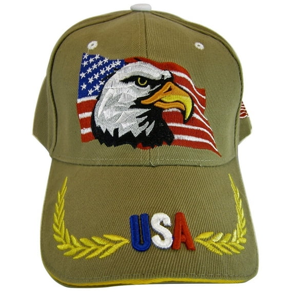 USA Men's Patriotic Eagle Adjustable Baseball Cap (Side Flag Khaki)
