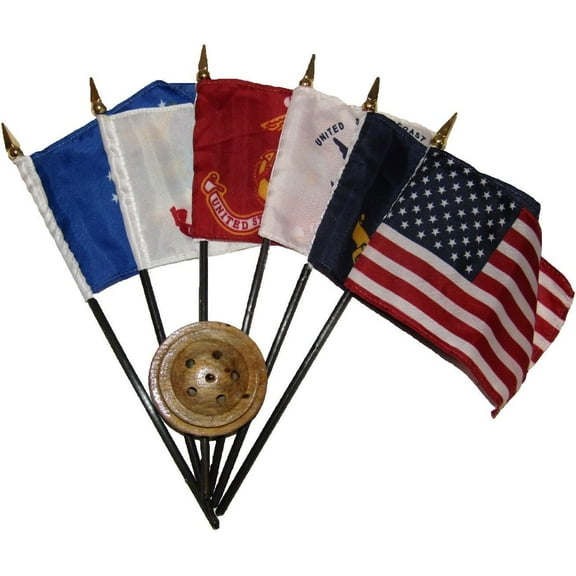 USA Millitary 5 Branch 6 Flags 4"x6" Desk Set Wooden Base