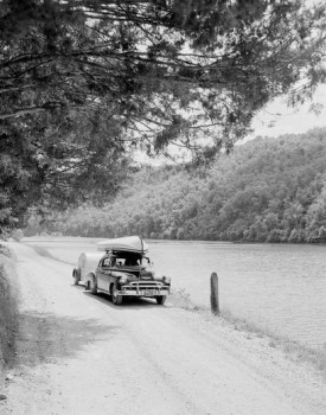 USA Missouri Roaring River Lake car with trailer and boat on roof Canvas Art - (18 x 24)