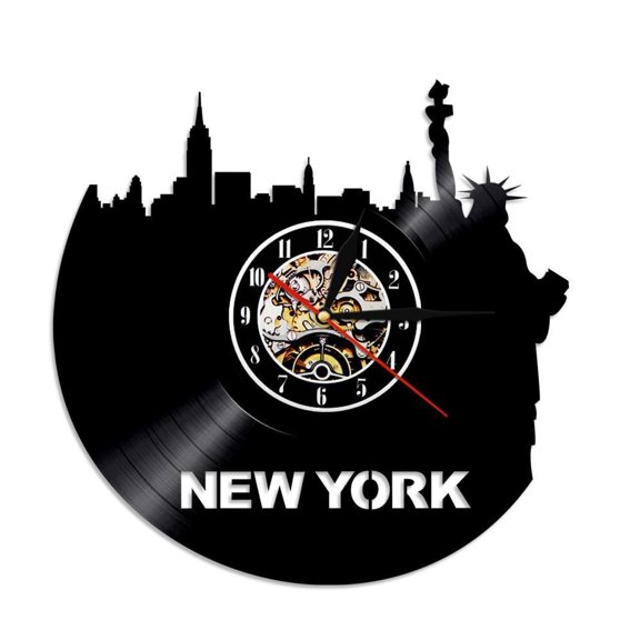 USA Modern Wall Clock New York City Skyline Vinyl Record Clock Travel Vintage LP Clock Statue of Liberty Wall Decor Souvenir Without LED