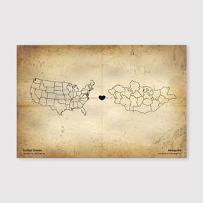 USA Mongolia Map Canvas Wall Art 8x12 inch -USA Mongolia Map Vintage Canvas Wall Artwork for Rustic Home and Office Spaces