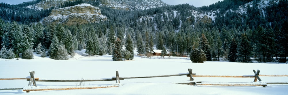 USA Montana fence cabin snow winter Canvas Art - Panoramic Images (27 x 9)
