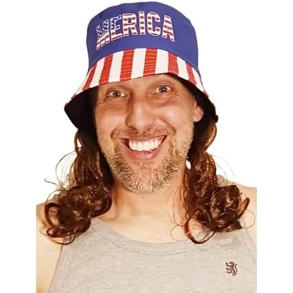 USA Mullet Bucket Hat Brown Wig Merica 4th of July All American Costume