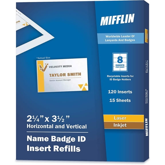 -USA Name Badge Inserts, 2.25x3.5" or 3.5x2.25" Badge Inserts (120 Cardstock Refills, 15 Sheets), Compatible with Inkjet, Laser Printer, and Printable Badge Inserts